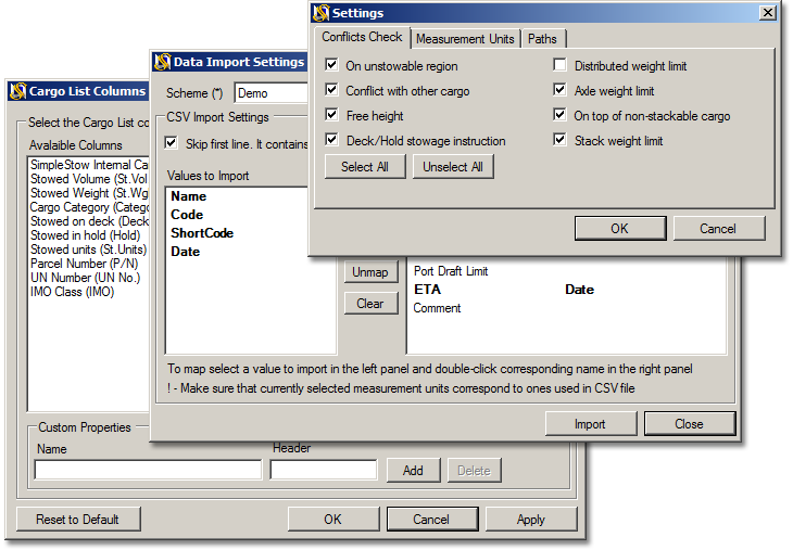 Settings dialogs in SimpleStow GC